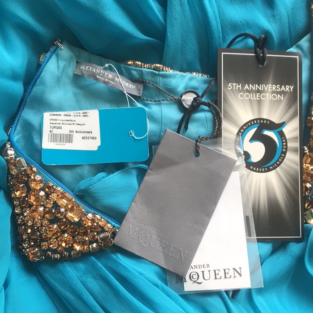 ALEXANDER MCQUEEN Dress NWT Turquoise Chiffon w/Bronze Swarovski Size 42 US 8-10 - Picture 5 of 17